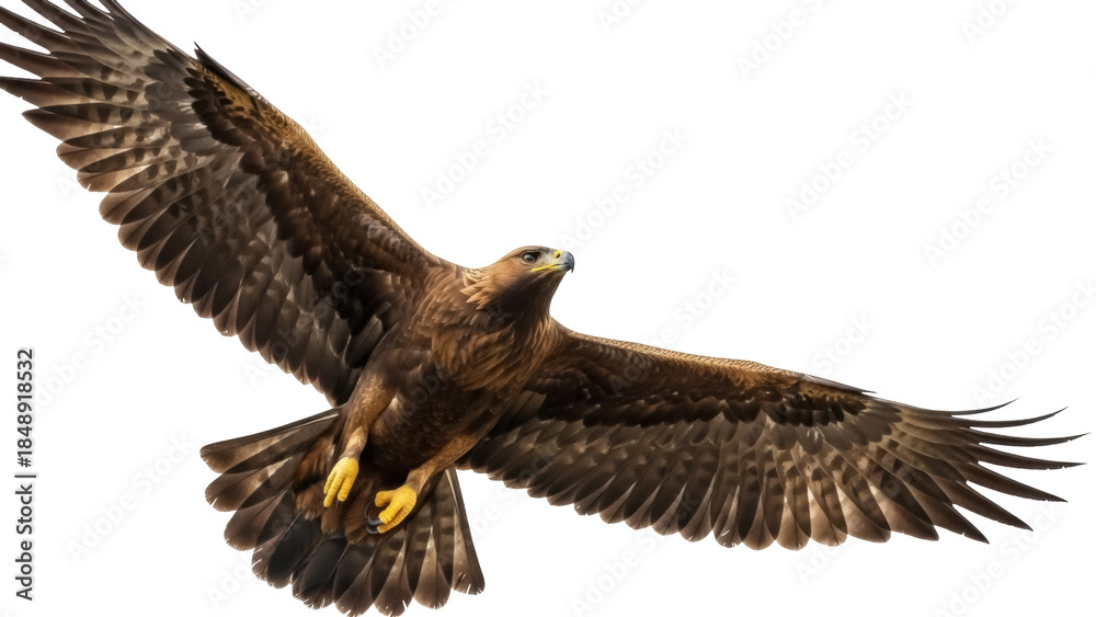 Obraz premium Isolated golden eagle raptor bird spreading its wings mid-flight for an animal theme shot