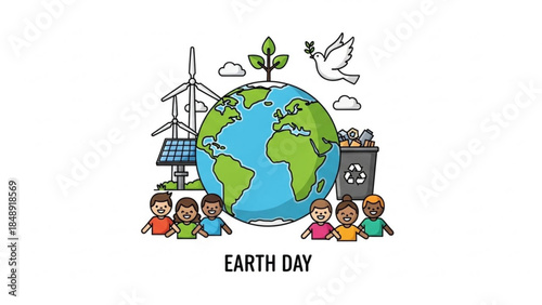 Earth Day Celebration: A vibrant illustration showcasing the global effort to protect Earth. Featuring children and environmental elements like recycling, renewable energy, and nature.