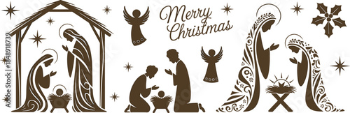 Nativity scene silhouette vector, black and white Christmas illustration, holy family design, religious holiday icon, baby Jesus birth concept art