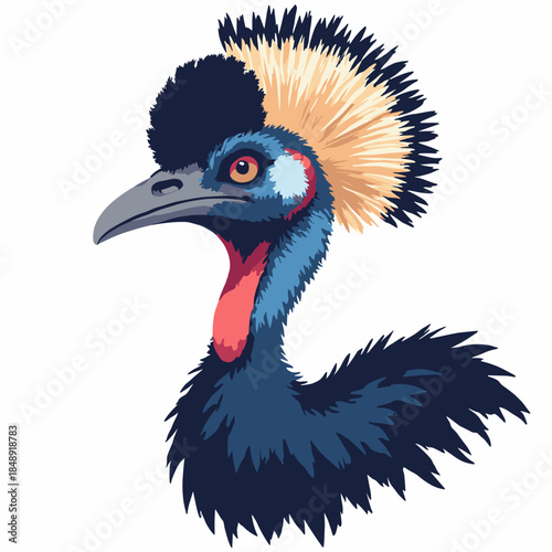 A Cassowary head profile. Vibrant blue and red neck skin. Black feathers. Hard edge vector coloring. No texture. White background