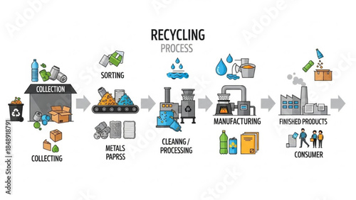 Recycling Process Illustrated: A comprehensive graphic displays the systematic stages of recycling.