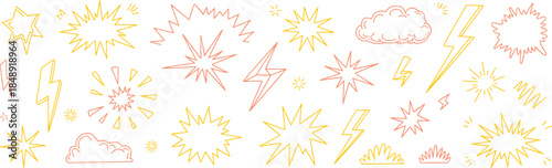 Comic explosion silhouette vector, lightning bolt and cloud icons, red yellow action design, dramatic burst illustration, graphic storytelling concept art