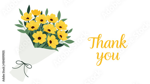 A beautiful bouquet of yellow flowers wrapped in paper with a bow, next to the words Thank you written in an elegant, cursive yellow font.