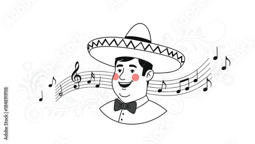A black and white line drawing of a cheerful mariachi musician wearing a sombrero and bow tie, surrounded by flowing musical notes and floral patterns.