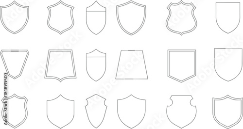 Shield outline vector set with blank badge shapes, heraldic emblems and protection symbols for logo design, security branding, and award templates