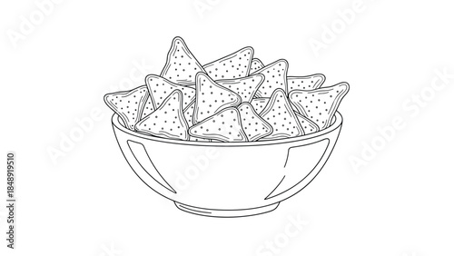A simple black and white line art drawing of a bowl filled with crunchy tortilla chips, perfect for a coloring book or menu design.