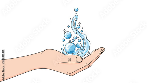 An artistic illustration of a cupped hand holding a magical splash of sparkling blue water with bubbles, on a clean white background.