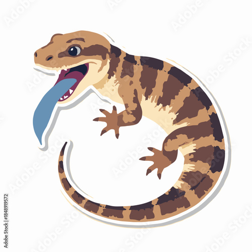 A Blue-tongued Skink. Top view. The tongue is a solid blue shape. The body is brown banded. Sticker art. White background