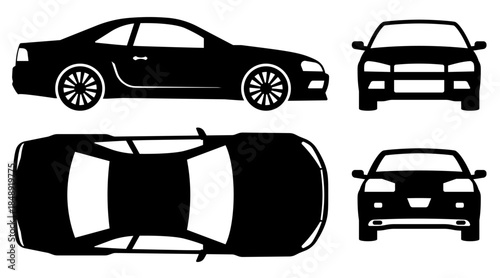 Sports car silhouette on white background. Vehicle icons set view from side, front, back, and top