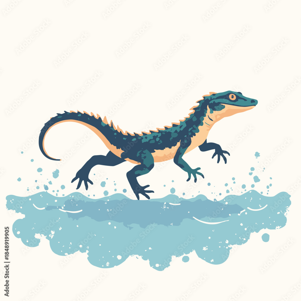 Fototapeta premium A Basilisk Lizard running on water. The water is represented by three simple blue lines. Dynamic vector pose. White background