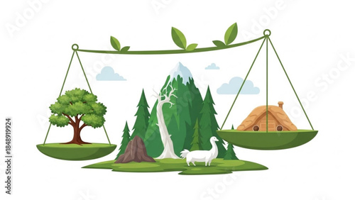 Nature's Balance: A visual representation of environmental equilibrium, showing a tree and mountain on one side, and a hut with sheep on the other, balanced on a scale.