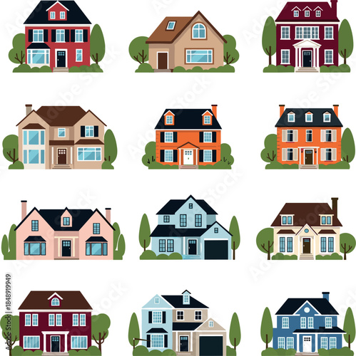Large collection of residential house icons and suburban home flat vector illustrations with gardens and trees isolated on white background for real estate design.
