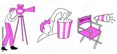a collection of illustrations related to films, directors, popcorn, crew, cameras, etc.
