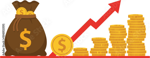 Financial growth and profit vector illustration with money bag, coin stacks, and upward arrow graph representing investment success, savings, and business income concept
