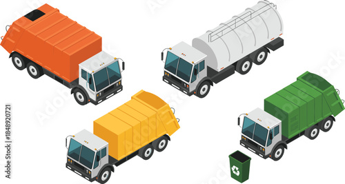 Isometric, garbage, trucks, waste, management, vehicles, recycling, collection, sanitation, transport, municipal, service, industrial, equipment, logistics, vector, illustration, environment, 