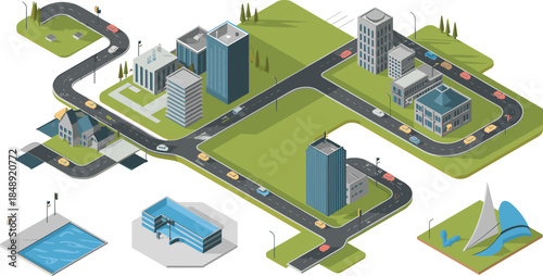 Isometric, city, map, illustration, urban, streets, buildings, roads, traffic, infrastructure, modern, town, architecture, transport, planning, vector, design, smart, cityscape, layout