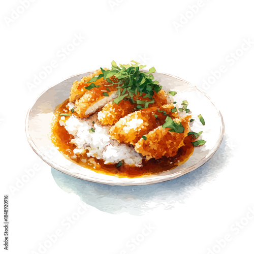 Katsu Curry, watercolor clipart vector, isolated on a white background.