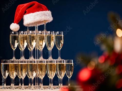 Festive Champagne tower with Santa hat on blue background