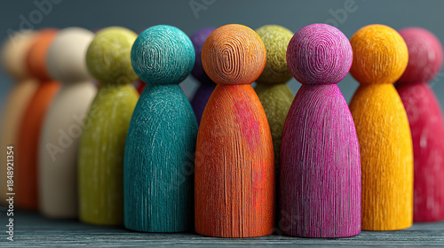 Colorful wooden figures standing in a row showing inclusion diversity and workplace togetherness