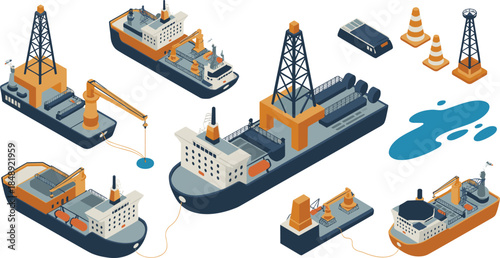 Isometric, offshore, oil, gas, industry, illustration, drilling, rigs, platforms, tankers, ships, energy, production, maritime, equipment, vector, industrial, infrastructure, engineering, design