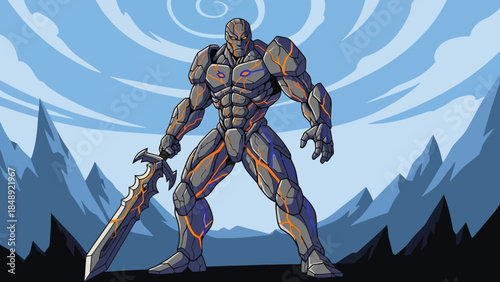 Robotic Warrior Standing on Mountain Peak with Swirling Clouds
