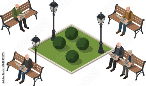 Isometric, park, illustration, elderly, people, reading, newspapers, benches, garden, lamps, relaxation, outdoor, leisure, retirement, lifestyle, city, green, space, vector, design