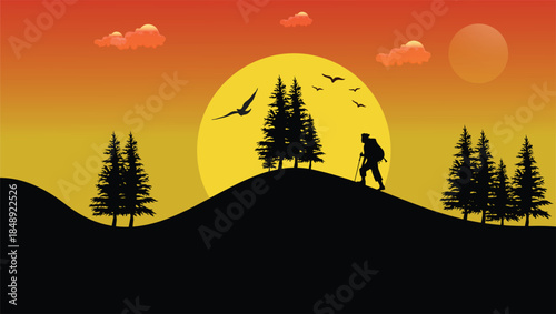 Silhouette of hiker on hill during sunset with trees and birds flying in warm sky