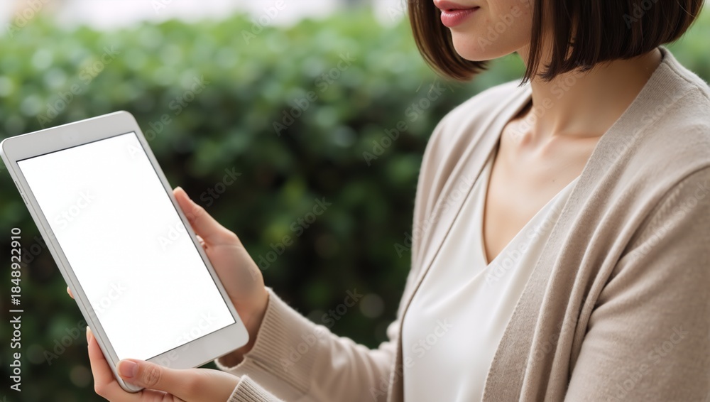 Fototapeta premium a close-up of a woman holding a tablet with a blank white screen against a backdrop of green bushes. A mockup for your content or app.