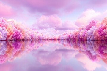 Papier peint photo Pourpre Ethereal Reflections: A breathtaking landscape where vibrant clouds of pink and lavender hues mirror on tranquil waters, evoking serenity and dreamlike imagery.   © GodNemesis Art Fanta
