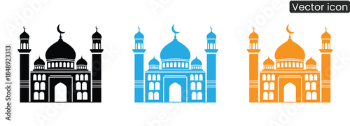 Vibrant mosque icons in black, blue, and orange, perfect for cultural or religious designs