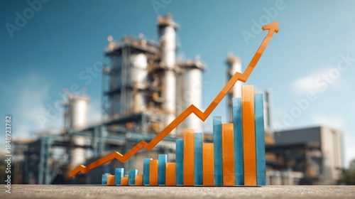 Graph depicting upward trend with an orange line over blue/orange bars, industrial background blurred