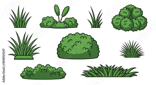 Cartoon Green Grass and Bushes Illustrations Set