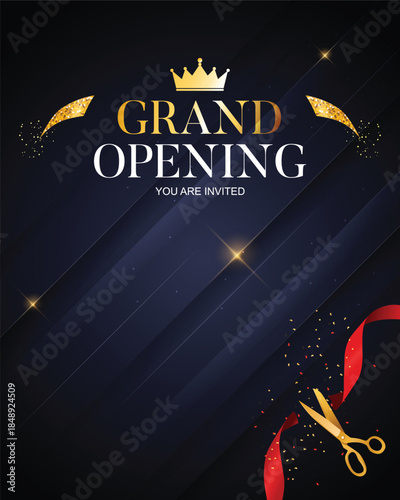 Grand opening you are invited dark background with golden crown, ribbon and scissors