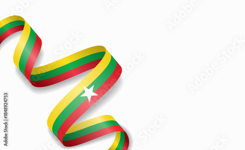 Myanmar flag stylized wavy ribbon, symbolizing national pride, celebration, or cultural identity. Vector illustration.