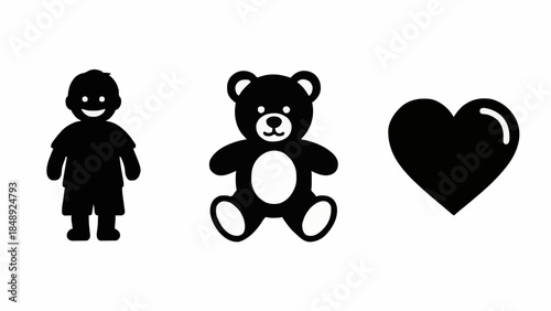 Charming collection of black silhouette icons depicting essential elements of childhood joy, affection, and comfort, featuring a happy child, a beloved teddy bear, and a universal heart symbol