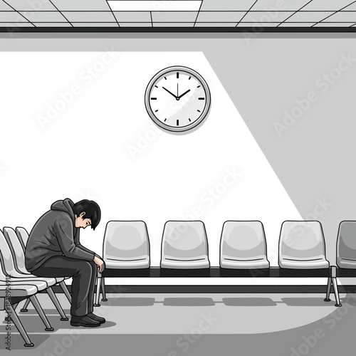 The Waiting Room: Sad Man Sitting Alone Under Clock in Hospital or Office