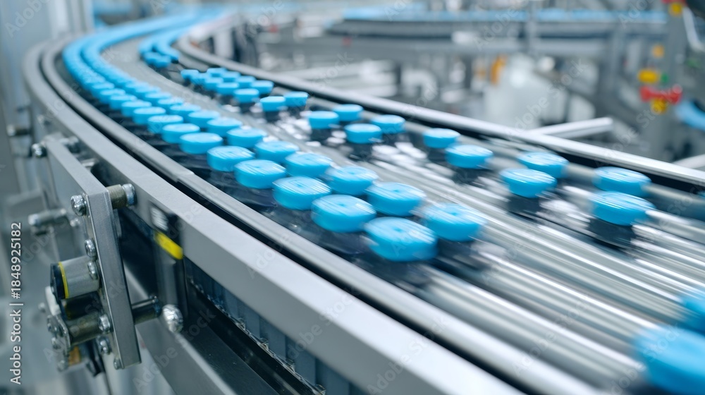 Fototapeta premium Automated manufacturing line with vials moving along a curved track; motion blur hints at rapid production