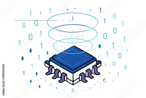 Computer chip and binary code, concept of data processing and digital technology