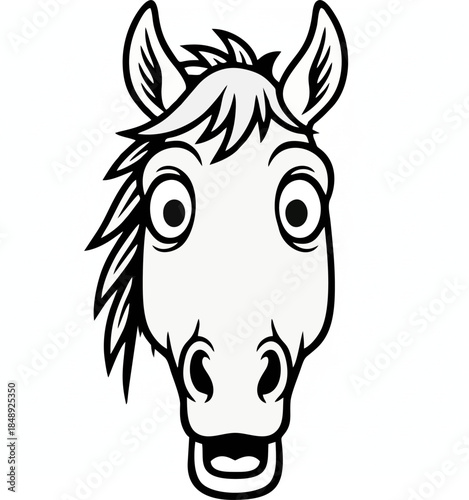 Shocked and Surprised Horse Expression Black and White Vector Graphic