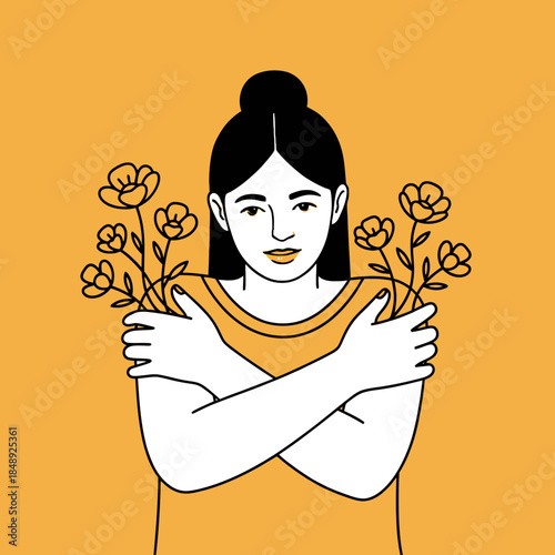 Self Love: Woman Hugging Herself with Flowers Growing - Mental Health Concept