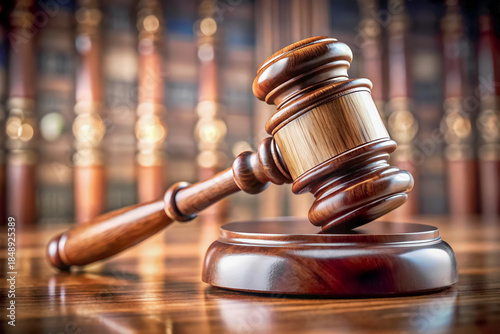 The judge's gavel, in close-up, in the courtroom, as a symbol of justice.