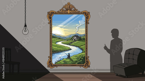 Man Looking at Landscape Painting in Ornate Gold Frame