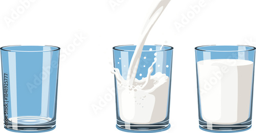 Milk pouring process illustration showing empty glass filling with fresh milk and full glass in clean step by step flat vector style