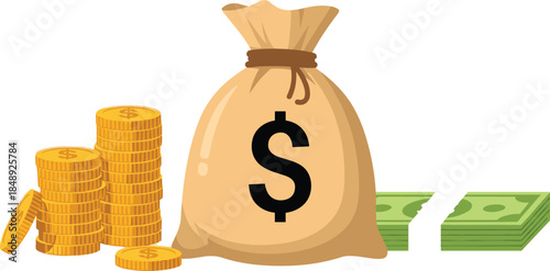 Money bag with dollar symbol, gold coins and cash stack, wealth savings and financial investment concept, business finance illustration