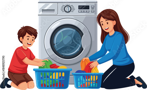 Mother and son loading colorful clothes into washing machine together, family teamwork and household laundry activity concept, flat vector illustration