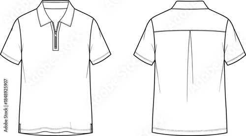 Polo shirt technical line drawing front and back view showing short sleeve design, zipper collar detail and apparel flat sketch