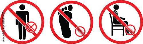 Prohibited Actions Sign Set Vector Icons for No Standing, No Foot Traffic, and Seating Restrictions in Public Spaces and Social Distance Areas