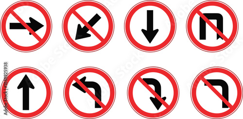 Prohibition Road Signs Essential Vector Collection for Traffic Safety and Regulation, Indicating No Right Turn, No U-Turn, and Directional Restrictions