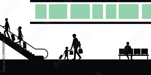 Silhouette illustration of people walking inside airport terminal with luggage, escalator travel scene, transportation, journey and modern lifestyle