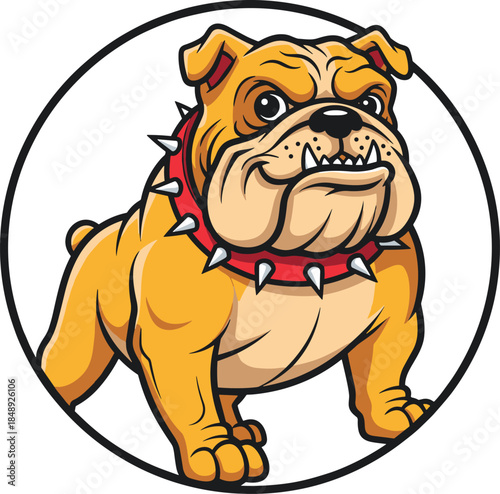 Strong cartoon bulldog dog mascot character wearing a red spiked collar isolated in a circular frame badge for logo